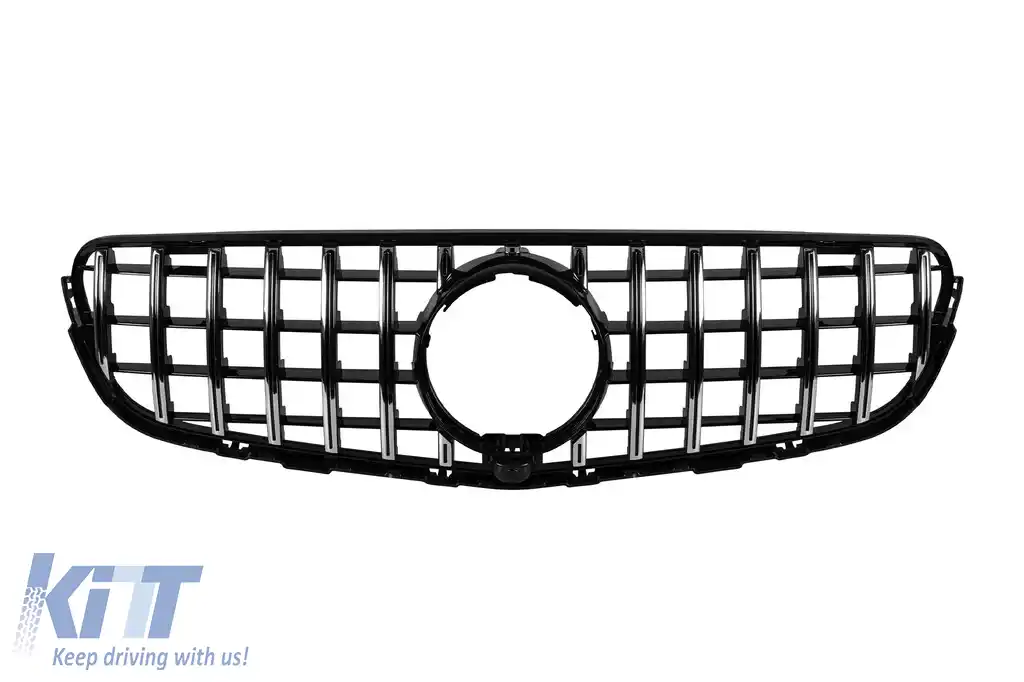 Grilă tip GT crom/neagră potrivită pentru Mercedes GLC SUV X253, GLC Coupe C253 2015-2018 cu deschidere pentru cameră