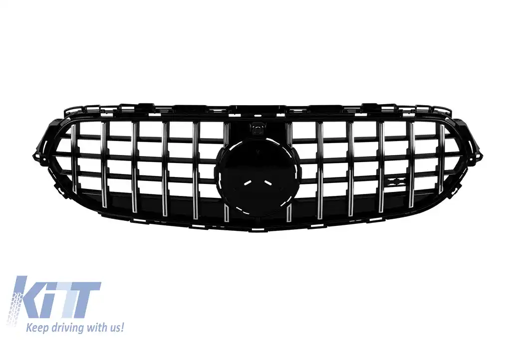 Grilă tip GT crom/neagră potrivită pentru Mercedes E-Class W213 sedan, S213 break, C238 coupe, A238 cabrio după 2020 cu deschidere pentru cameră pentru bara de protecție standard