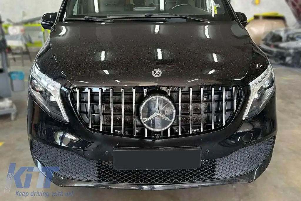 Grilă tip GT crom/neagră potrivită pentru Mercedes V-Class W447 2020-2023 pentru modelul cu bara de protecție frontală standard-image-6146159
