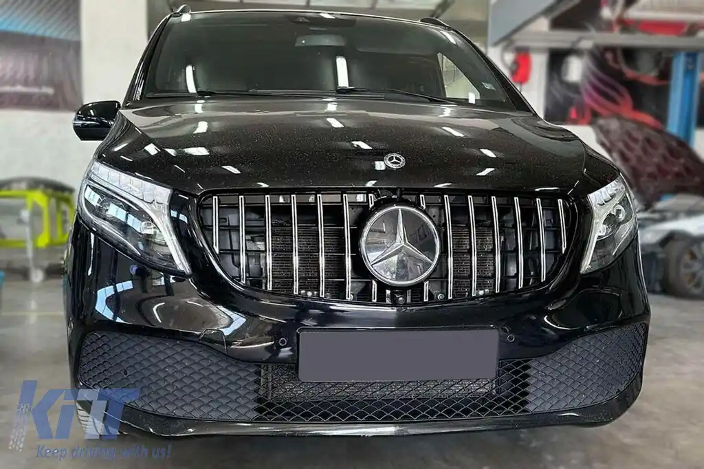 Grilă tip GT crom/neagră potrivită pentru Mercedes V-Class W447 2020-2023 pentru modelul cu bara de protecție frontală standard-image-6146160