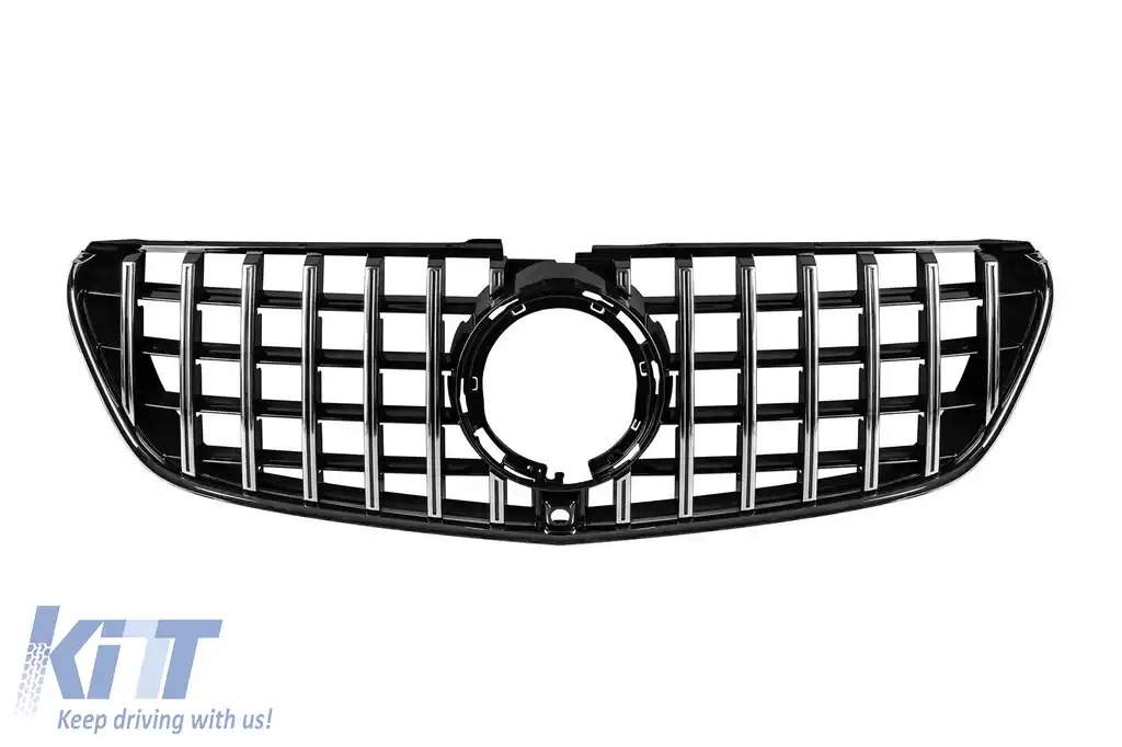 Grilă tip GT crom/neagră potrivită pentru Mercedes V-Class W447 2020-2023, pentru modelul cu bara de protecție frontală A Design