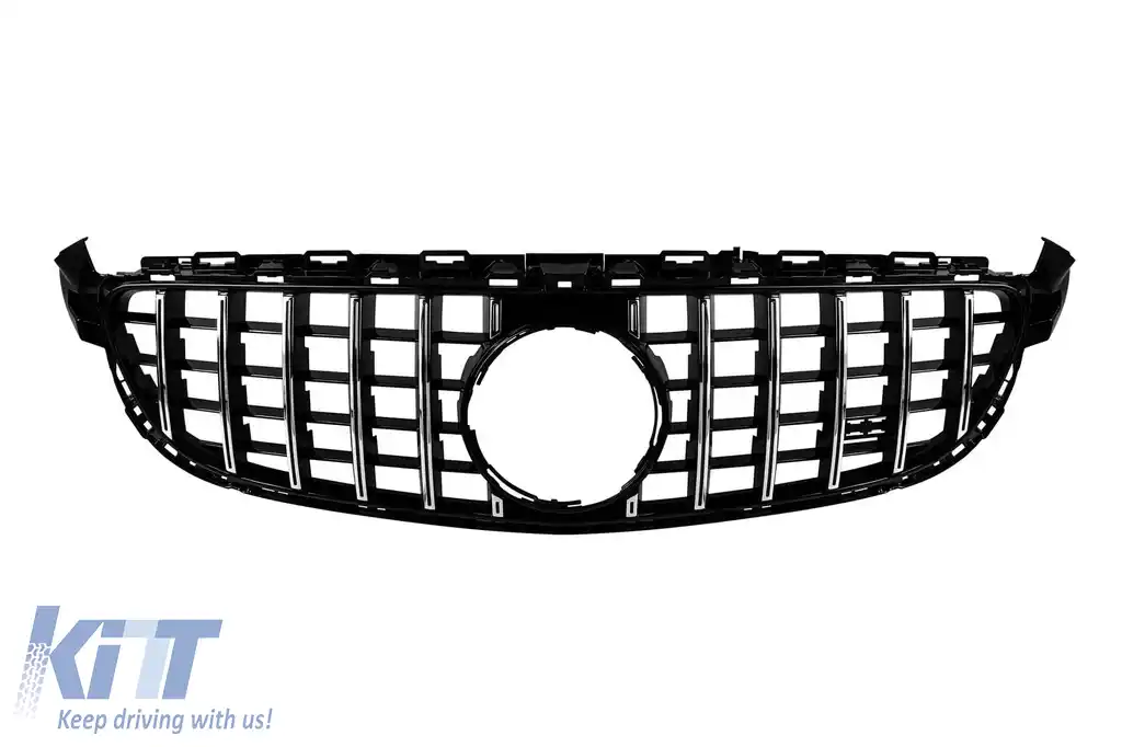 Grilă tip GT crom/neagră potrivită pentru Mercedes C-Class C63 W205 sedan, S205 break 2014-2020 fără deschidere pentru cameră, pentru modelul cu bara de protecție frontală A Design C63