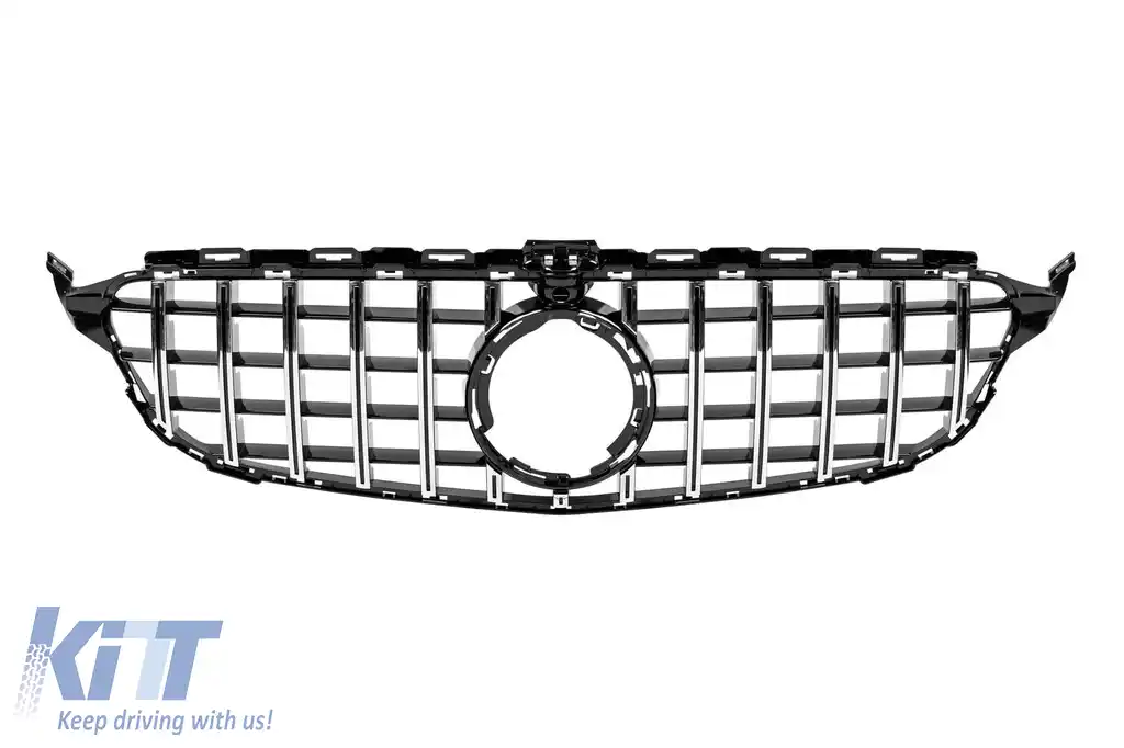 Grilă tip GT crom/neagră potrivită pentru Mercedes Clasa C W205 sedan, S205 break, C205 coupe după 2019 cu deschidere pentru cameră