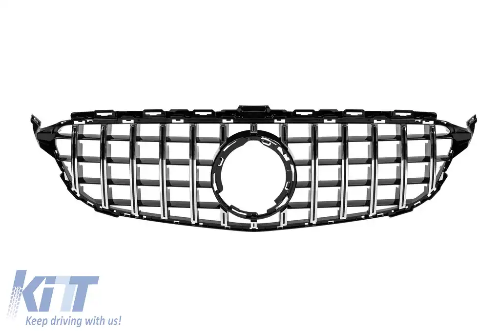 Grilă tip GT crom/neagră potrivită pentru Mercedes Clasa C W205 sedan, S205 break, C205 coupe după 2019 fără deschidere pentru cameră