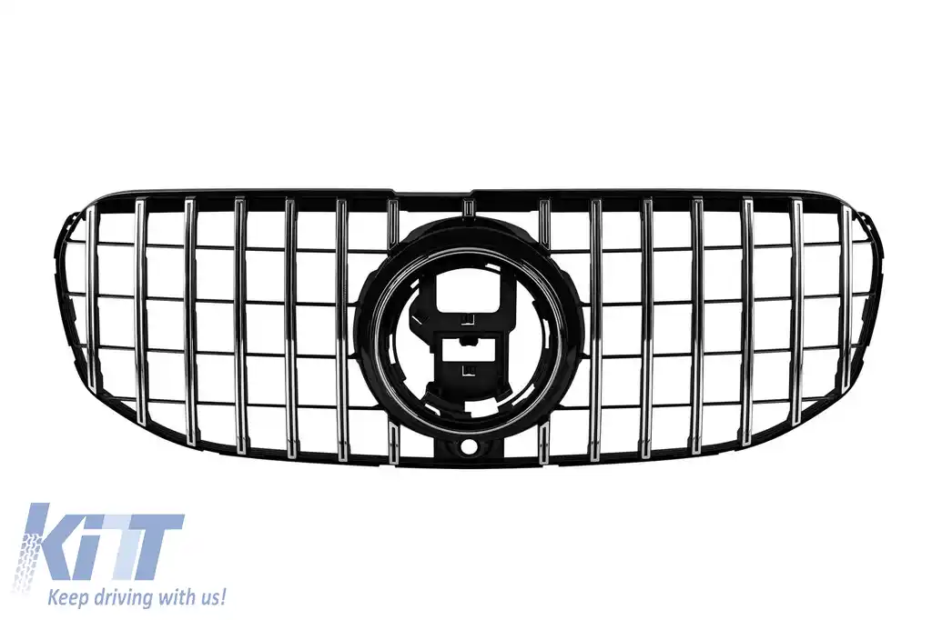 Grilă tip GT crom/neagră potrivită pentru Mercedes GLS X167 2020-2023 cu deschidere pentru cameră