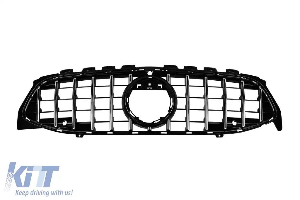 Grilă tip GT crom/neagră potrivită pentru Mercedes CLA C118 2019-2023 cu deschidere pentru cameră