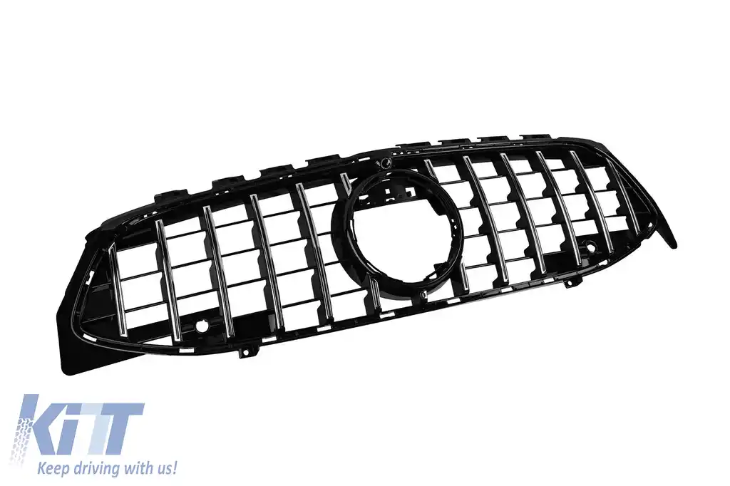 Grilă tip GT crom/neagră potrivită pentru Mercedes CLA C118 2019-2023 cu deschidere pentru cameră-image-6236883