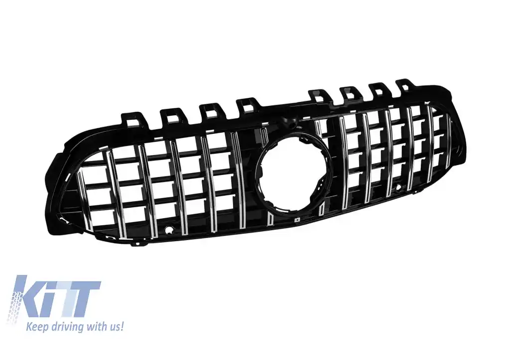 Grilă tip GT crom/neagră potrivită pentru Mercedes A-Class W177 2018-2022 cu deschidere pentru cameră-image-6265532