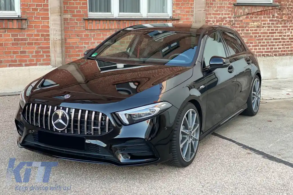 Grilă tip GT crom/neagră potrivită pentru Mercedes A-Class W177 2018-2022 cu deschidere pentru cameră-image-6265535