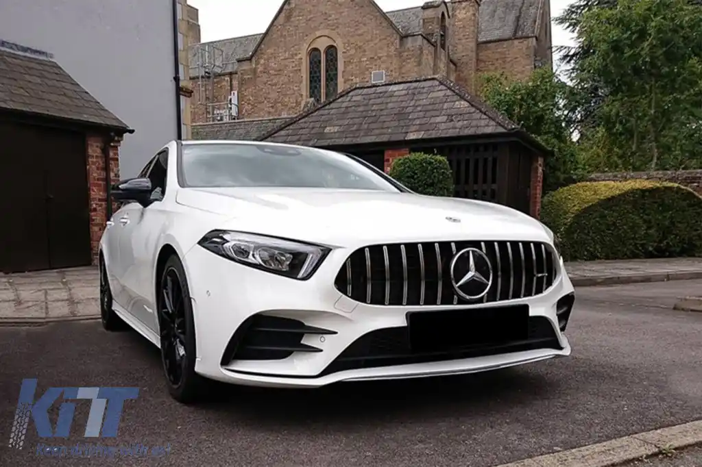 Grilă tip GT crom/neagră potrivită pentru Mercedes A-Class W177 2018-2022 cu deschidere pentru cameră-image-6265536