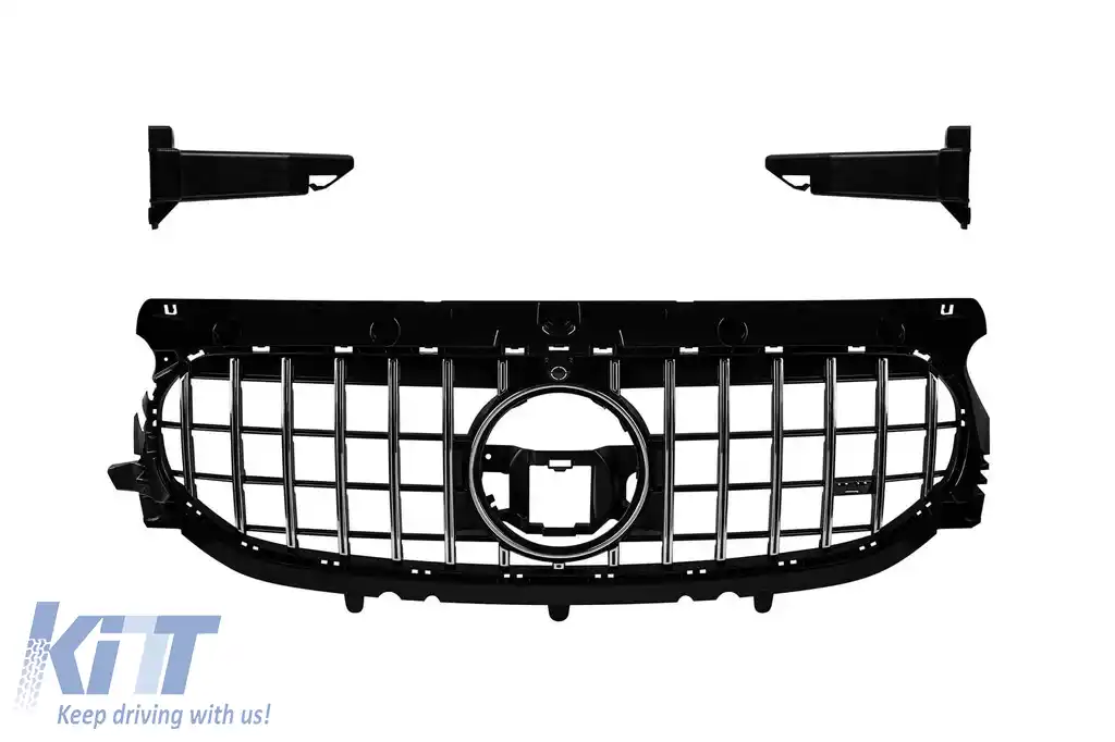 Grilă tip GT crom/negru, potrivită pentru Mercedes GLA H247 după 2020, cu bumper standard
