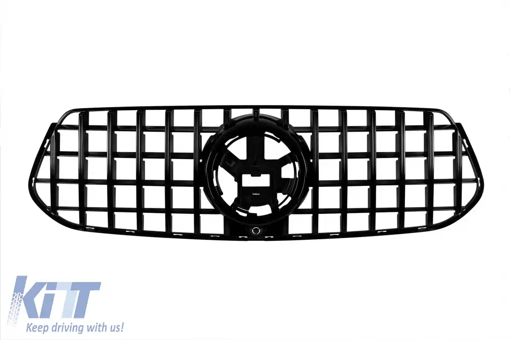 Grilă tip GT cu lac negru, potrivită pentru Mercedes GLE W167, GLE Coupe C167 2019-2022, cu deschidere pentru cameră, pentru modelul echipat cu bara de protecție frontală A Design