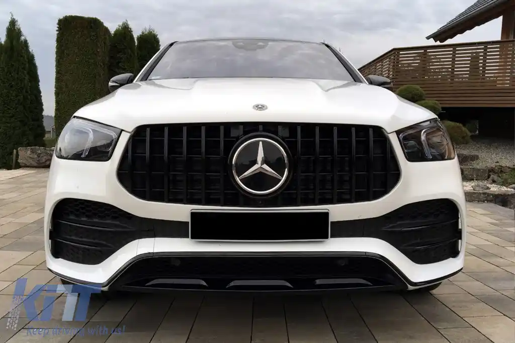Grilă tip GT cu lac negru, potrivită pentru Mercedes GLE W167, GLE Coupe C167 2019-2022, cu deschidere pentru cameră, pentru modelul echipat cu bara de protecție frontală A Design-image-6265559