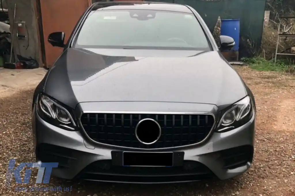 Grilă tip GT cu lac negru, potrivită pentru Mercedes E-Class W213 sedan, S213 break, C238 coupé, A238 cabriolet 2016-2019 cu deschidere pentru cameră-image-6265563