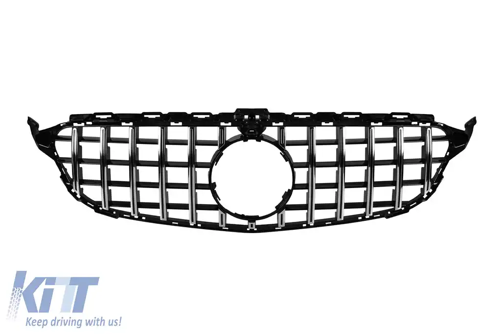Grilă tip GT-R crom/neagră potrivită pentru Mercedes Clasa C W205 sedan, S205 break, C205 coupe 2014-2018 cu deschidere pentru cameră