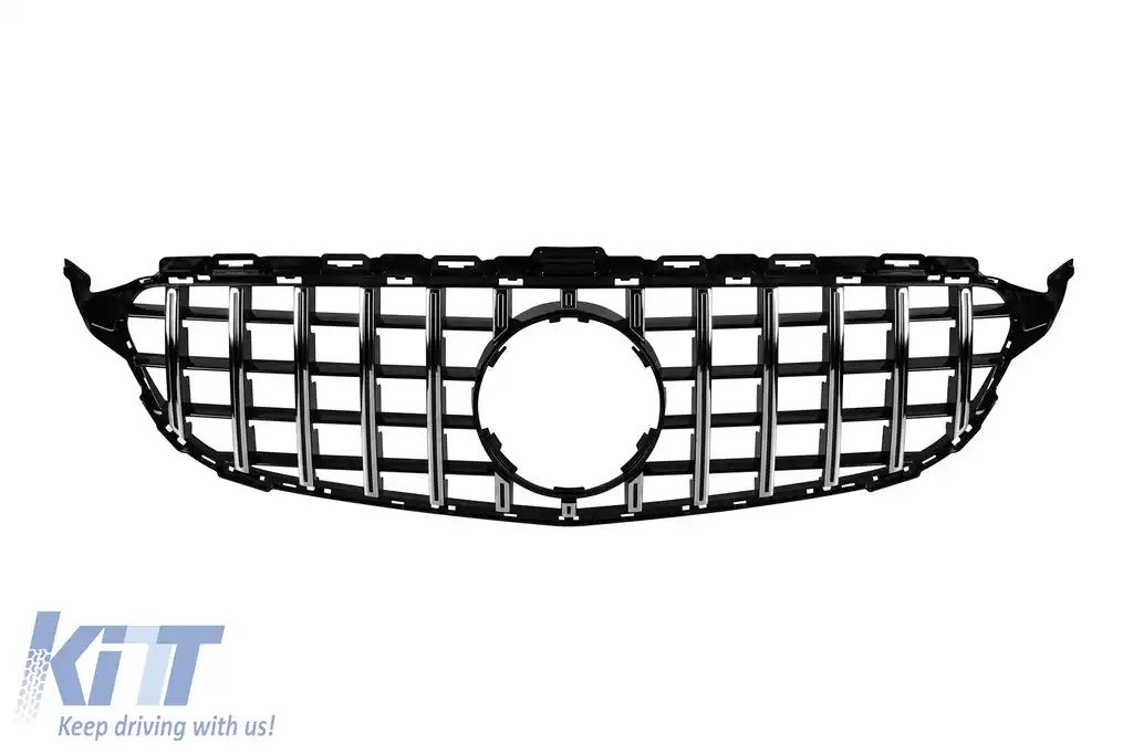 Grilă tip GT-R crom/neagră, potrivită pentru Mercedes C-Class W205 sedan, S205 break, C205 coupé 2014-2018 fără deschidere pentru cameră