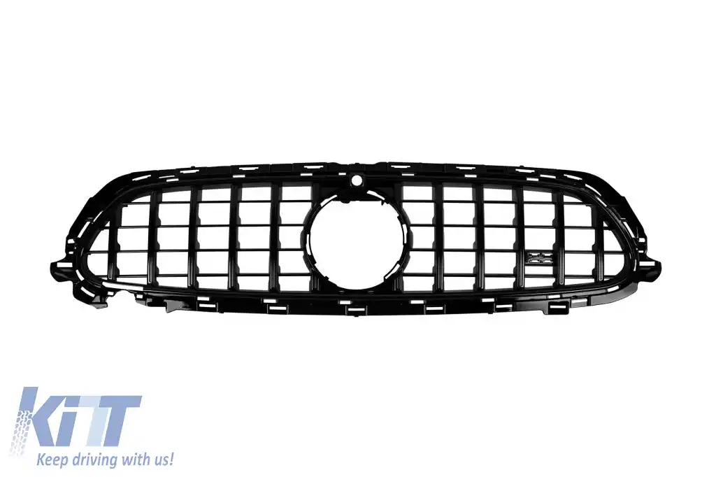 Grilă tip GT vopsită în negru, potrivită pentru Mercedes E-Class W213 sedan, S213 break, C238 coupe, A238 cabrio A Design Sport line & Avantgarde, E53 A Design după 2020 cu deschidere pentru cameră