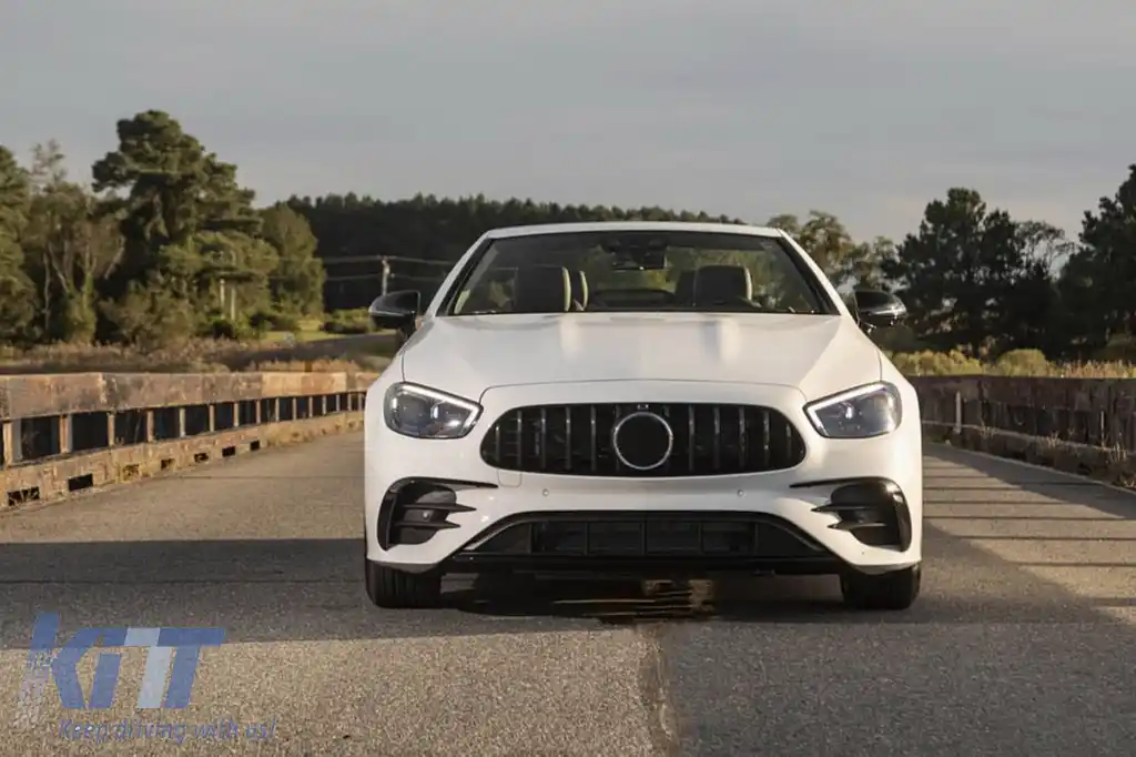 Grilă tip GT vopsită în negru, potrivită pentru Mercedes E-Class W213 sedan, S213 break, C238 coupe, A238 cabrio A Design Sport line & Avantgarde, E53 A Design după 2020 cu deschidere pentru cameră-image-6265572