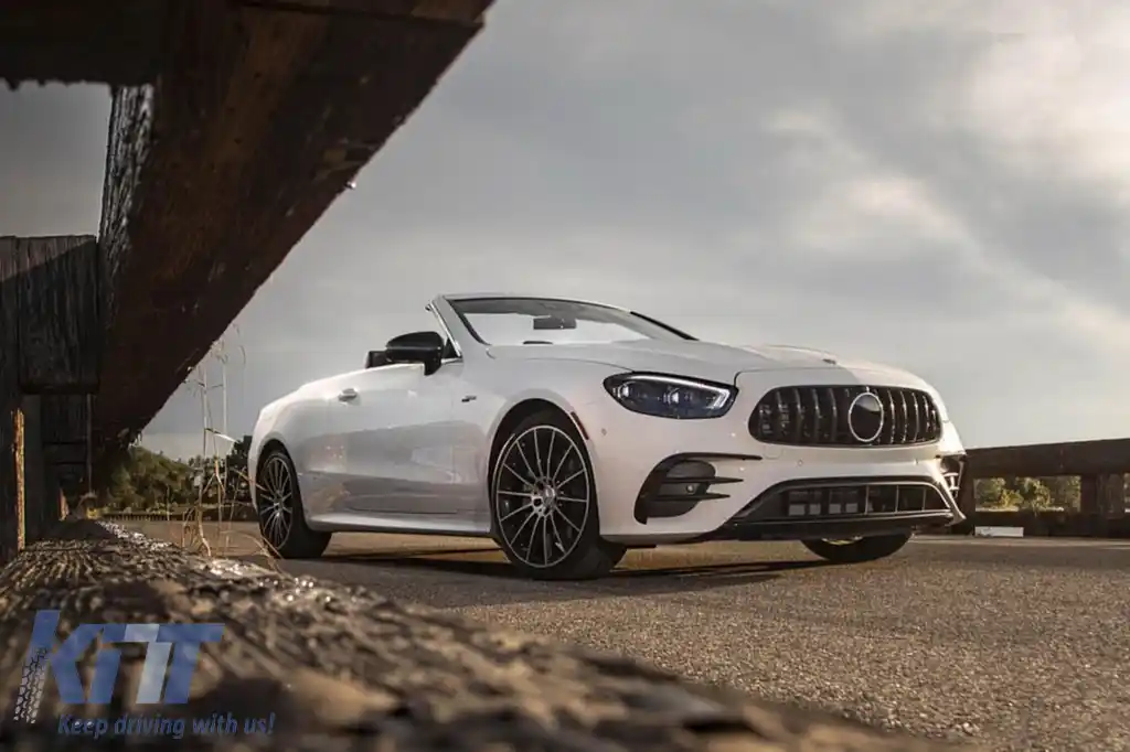 Grilă tip GT vopsită în negru, potrivită pentru Mercedes E-Class W213 sedan, S213 break, C238 coupe, A238 cabrio A Design Sport line & Avantgarde, E53 A Design după 2020 cu deschidere pentru cameră-image-6265573