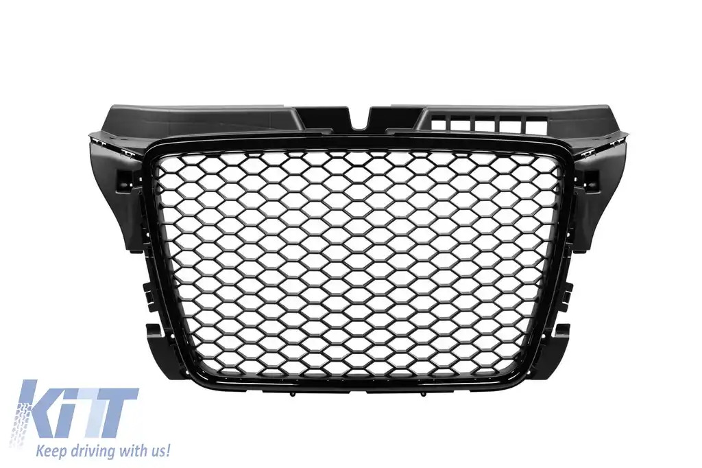 Grilă tip RS cu lac negru, potrivită pentru Audi A3 hatchback, Sportback, cabrio 2009-2012 fără găuri pentru senzori de parcare