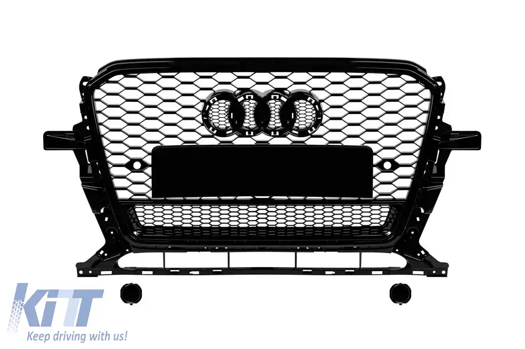 Grilă tip RS cu lac negru, potrivită pentru Audi Q5 2012-2015, cu deschideri pentru senzori de parcare