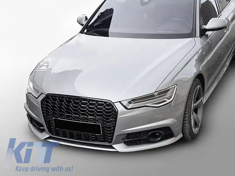 Grilă tip RS cu lac negru, potrivită pentru Audi A6 C7 sedan, break 2014-2018 pentru bara standard și S-line-image-6236843