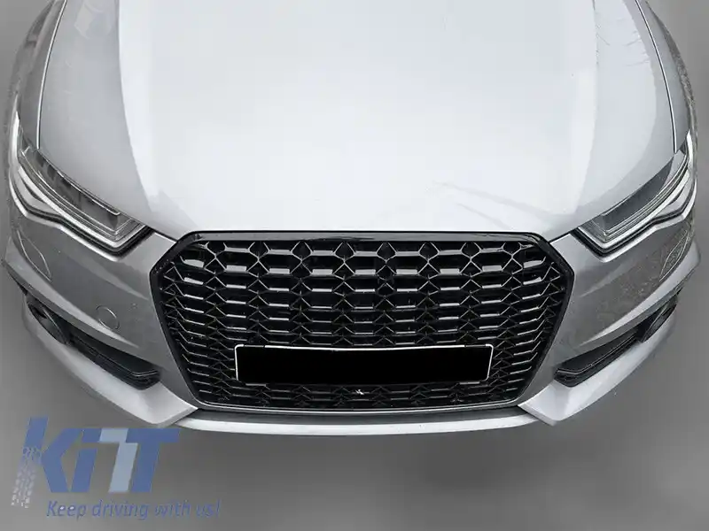 Grilă tip RS cu lac negru, potrivită pentru Audi A6 C7 sedan, break 2014-2018 pentru bara standard și S-line-image-6236844