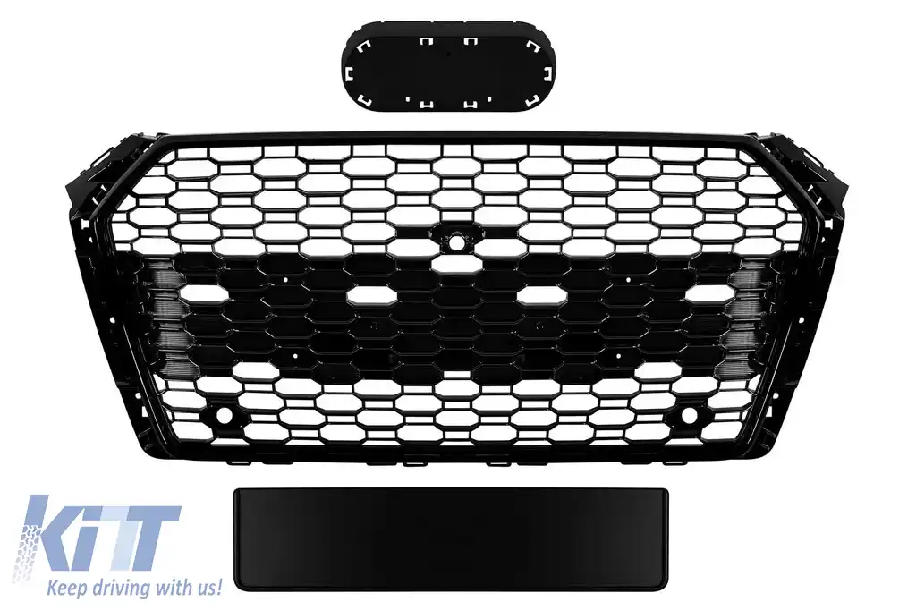 Grilă tip RS4 cu lac negru, potrivită pentru Audi A4 2015-2019, cu deschideri pentru senzori de parcare