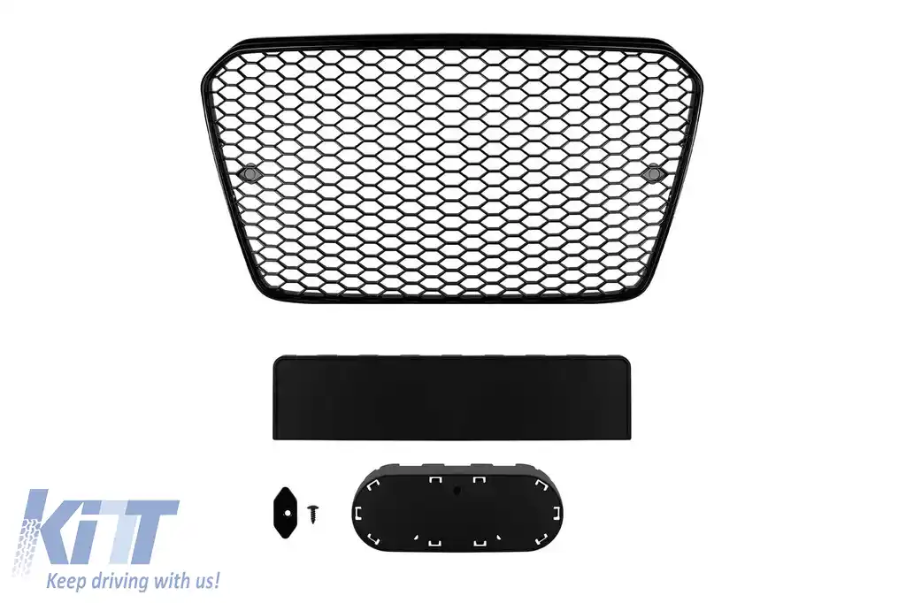 Grilă tip RS5 cu lac negru, potrivită pentru Audi A5 2011-2016, cu deschideri pentru senzorii de parcare