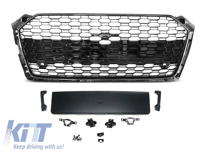 Grilă tip RS5 cu lac negru, potrivită pentru Audi A5 F5 2016-2019, cu deschidere pentru cameră și deschideri pentru senzorii de parcare
