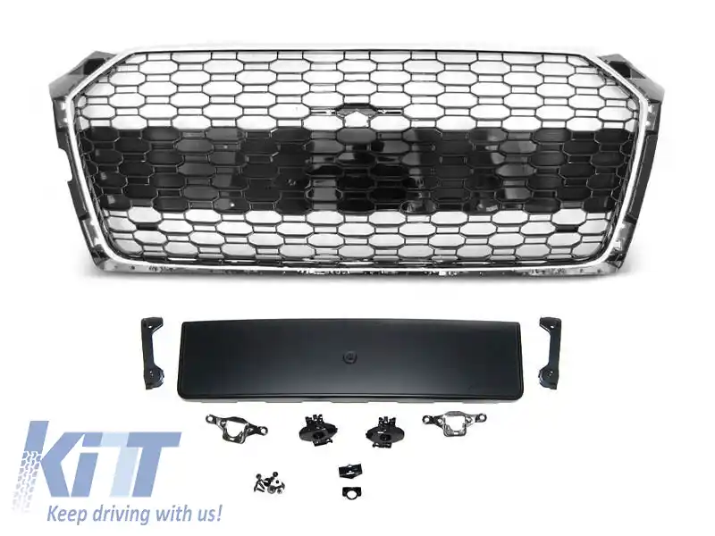 Grilă tip RS5 din lac chromat/negru, potrivită pentru Audi A5 F5 2016-2019, cu deschidere pentru cameră și deschideri pentru senzori de parcare