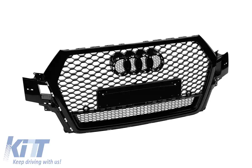 Grilă tip RSQ7 cu lac negru, potrivită pentru Audi Q7 2015-2019, cu deschideri pentru senzori de parcare-image-6163666