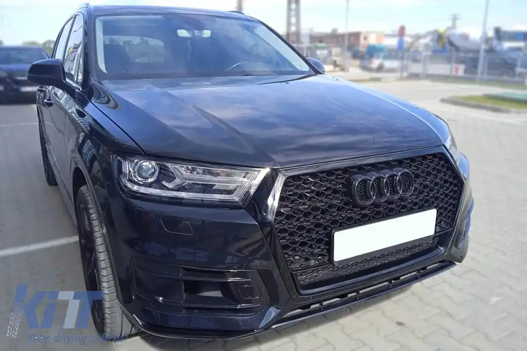 Grilă tip RSQ7 cu lac negru, potrivită pentru Audi Q7 2015-2019, cu deschideri pentru senzori de parcare-image-6163668