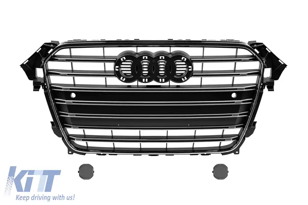 Grilă tip S4 crom/negru, potrivită pentru Audi A4 2011-2015 pentru modelul echipat cu bara de protecție frontală standard, cu bază pentru emblemă, cu deschideri pentru senzori de parcare