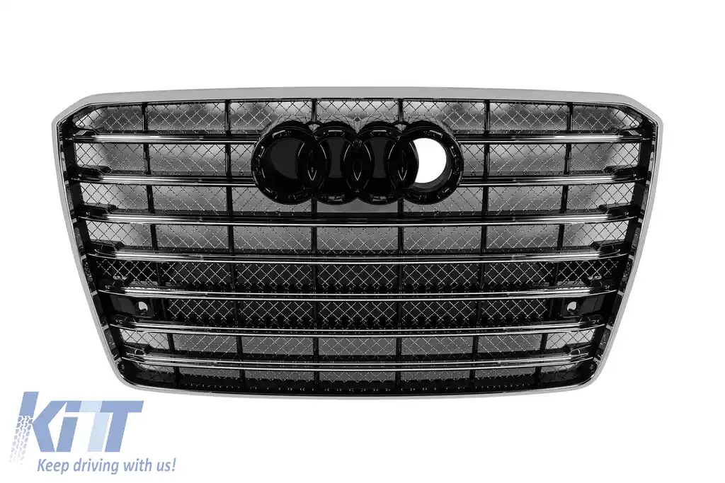 Grilă tip W12 crom/neagră potrivită pentru Audi A8 2015-2017 cu deschidere pentru vedere nocturnă, cu PDC, pentru bara de protecție standard