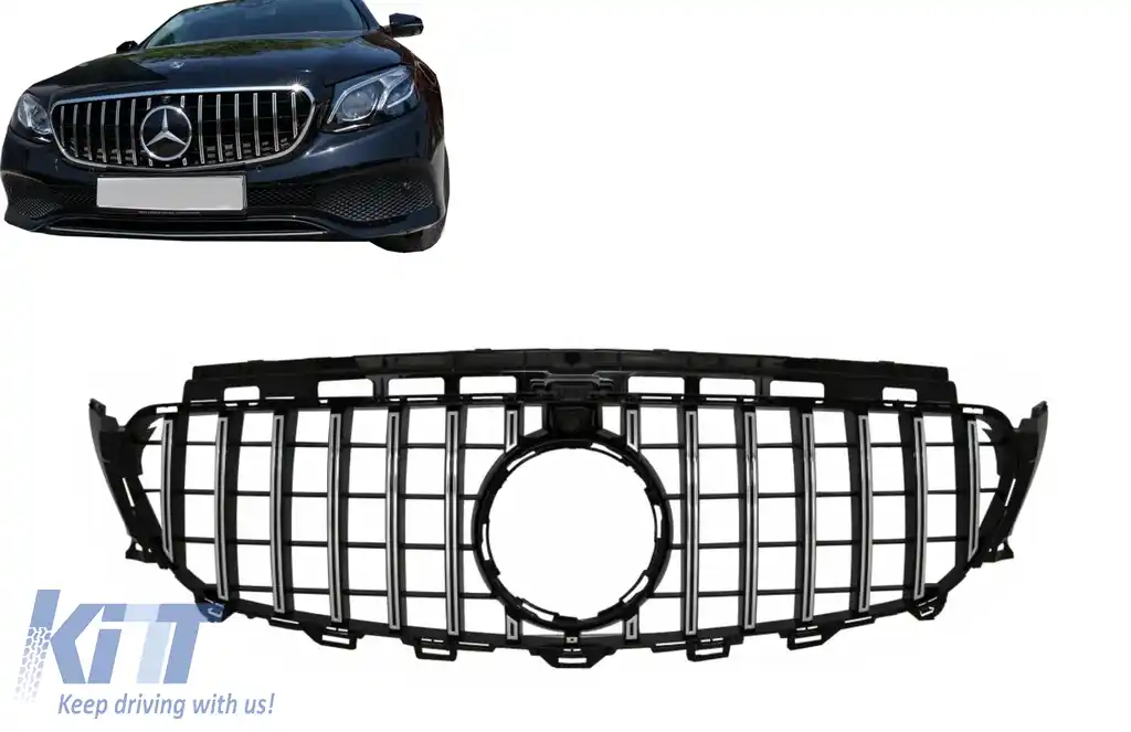 Grila Centrala compatibil cu Mercedes E-Class W213 S213 C238 A238 (2016-2019) GT-R Panamericana Design Negru Crom Cu Camera 360