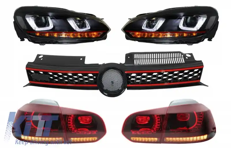 Grila Centrala compatibil cu VW Golf 6 VI (2008-2012) Golf 7 U Design cu Red Strip GTI LED dinamic cu Stopuri R20 si Faruri LED