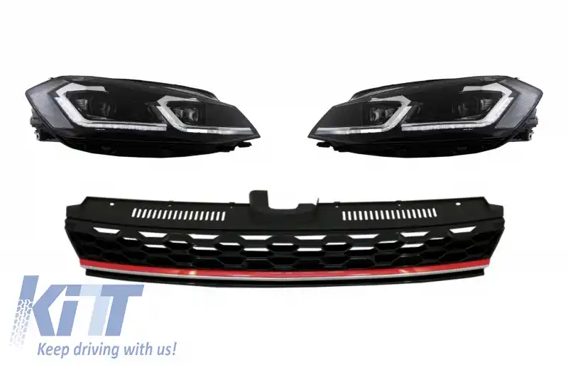 Grila Centrala cu Faruri LED Semnal Dinamic compatibil cu VW Golf 7.5 VII Facelift (2017+) GTI Look Rosu/Crom