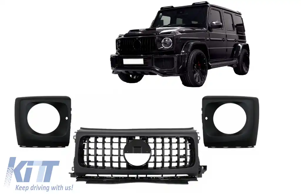 Grila Centrala si Carcasa faruri compatibil cu Mercedes G-Class W464 W463A & G63 AMG (06.2018-Up) GT-R Panamericana Design Negru Lucios