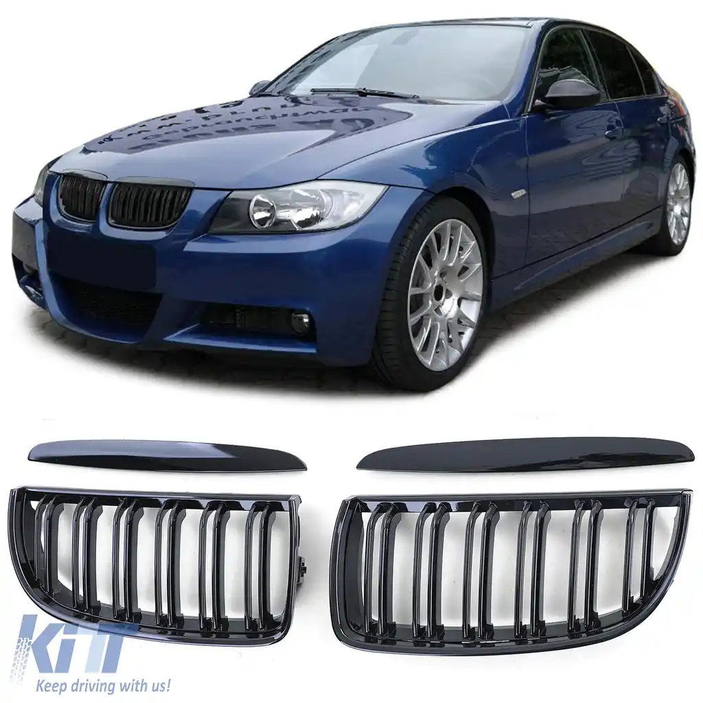 Grilaj cu două fante, performanță, negru lucios, potrivit pentru BMW Seria 3 E90 E91 2005-2008