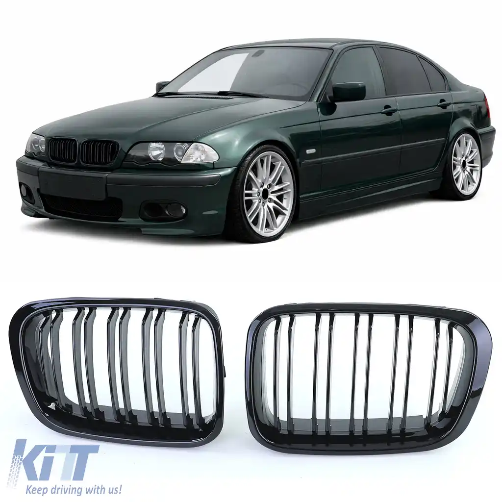 Grilaj dublu cu fante pentru performanță, negru lucios, potrivit pentru BMW Seria 3 E46 1998-2001