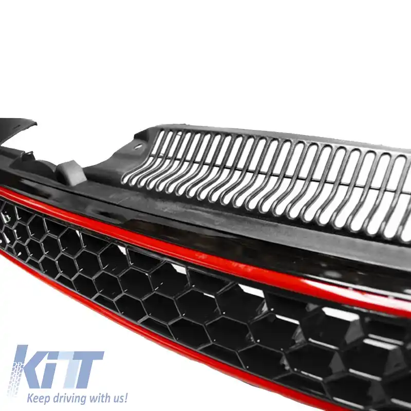 Grilaj frontal potrivit pentru VW Golf VI (6) 08-11 GTI Look cu plasă și linie roșie 1 buc.-image-6295812