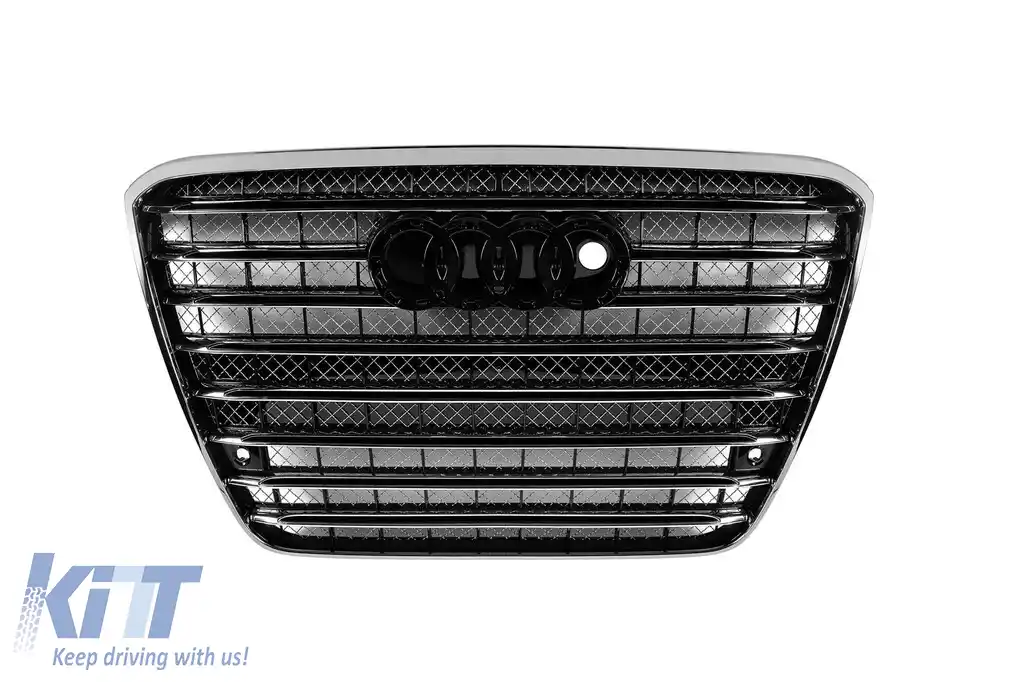 Grilaj frontal tip W12 crom/negru, potrivit pentru AUDI A8 2011-2014, cu port pentru viziune nocturnă, cu PDC, potrivit pentru bara de protecție standard