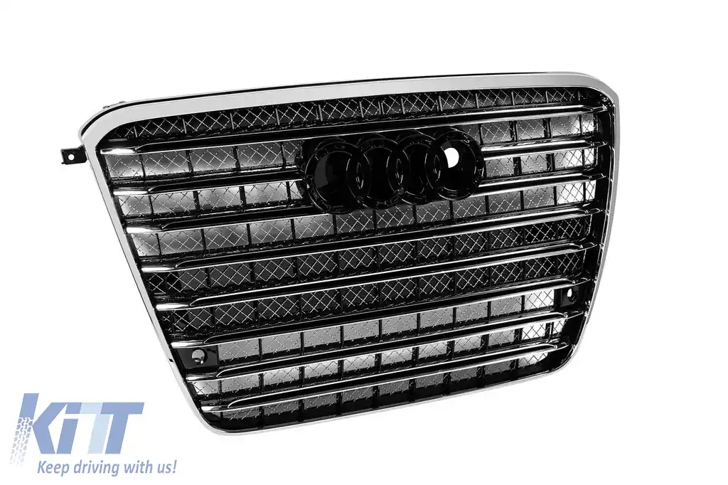 Grilaj frontal tip W12 crom/negru, potrivit pentru AUDI A8 2011-2014, cu port pentru viziune nocturnă, cu PDC, potrivit pentru bara de protecție standard-image-6162853
