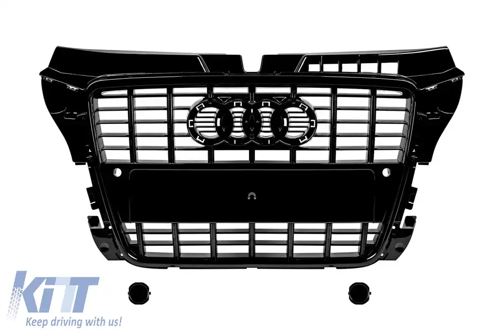 Grilaj lacuit negru tip S3 potrivit pentru Audi A3 2008-2011 pentru modelul echipat cu bara de protecție frontală standard, cu bază pentru emblemă, cu deschideri pentru senzori de parcare
