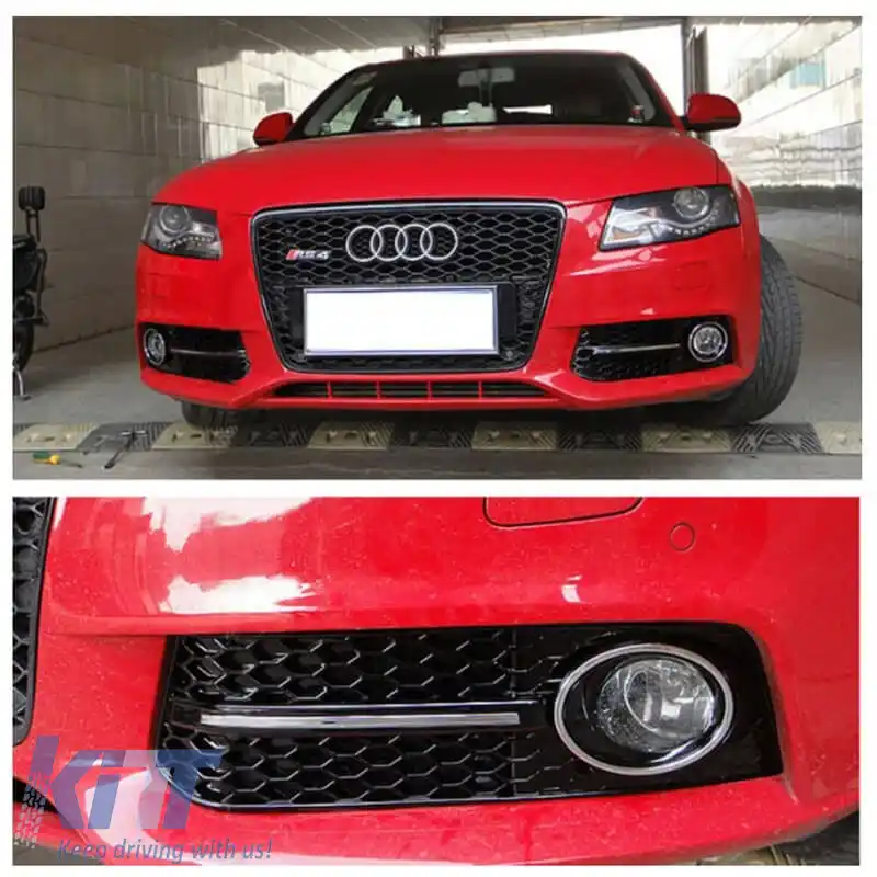 Grilaj lateral pentru bara de protecție frontală potrivit pentru Audi A4 B8 08-11 RS Look Negru Lucios / Crom Stânga & Dreapta 2 Piese-image-6329206