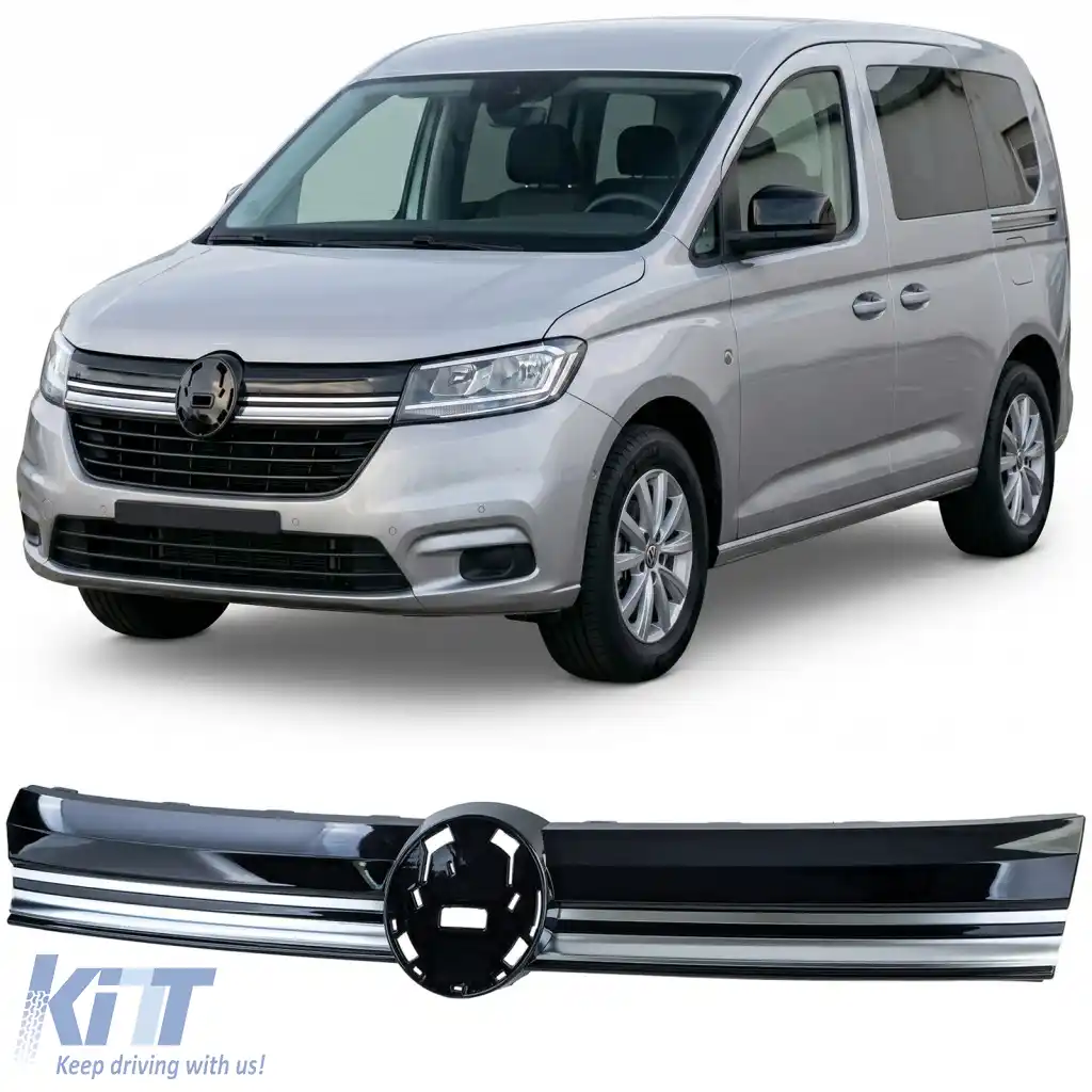 Grilaj radiator Grilaj frontal Negru lucios cu benzi cromate potrivit pentru VW Caddy V SB din 2020