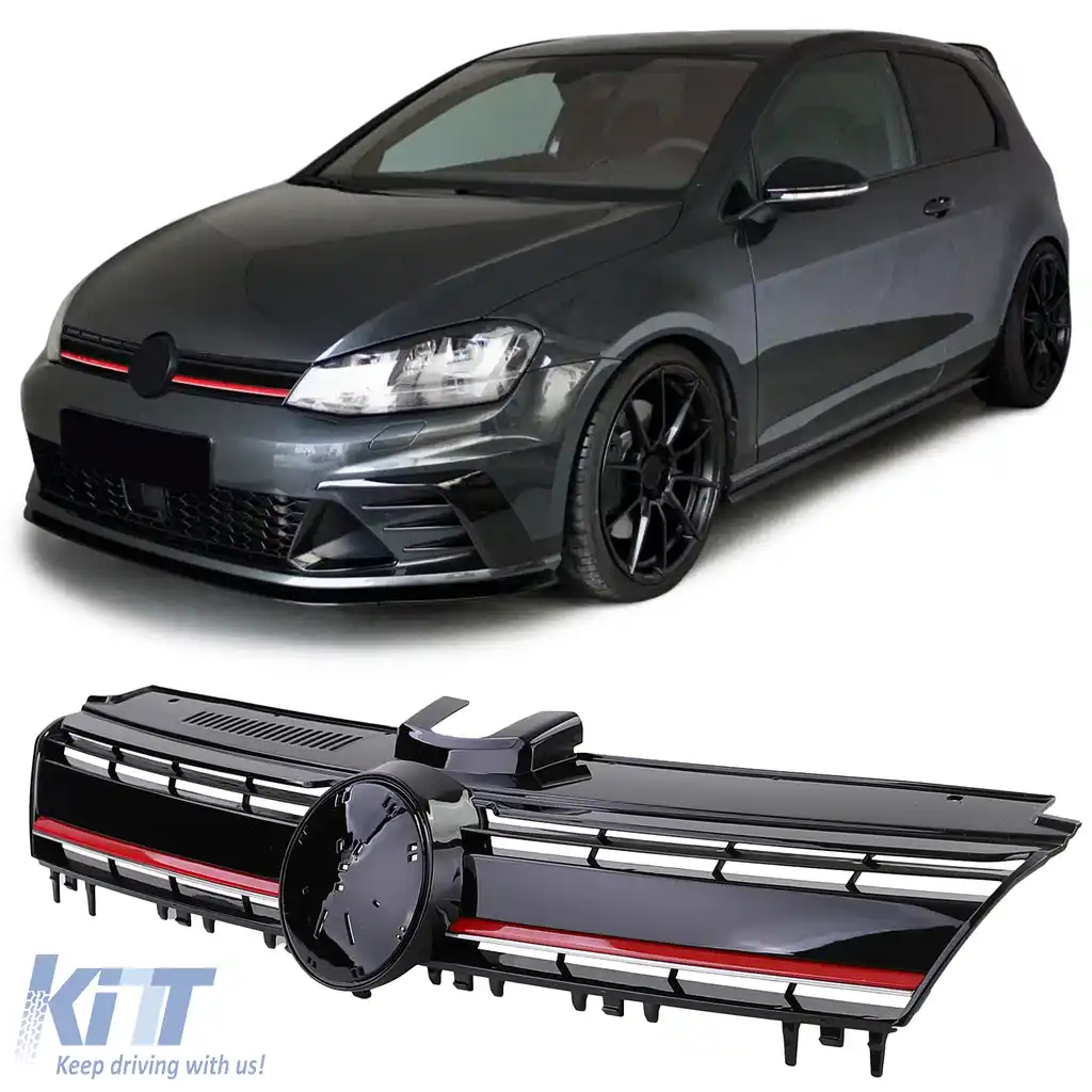 Grilaj radiator performant negru lucios cu detalii roșii, potrivit pentru VW Golf 7 + GTI 12-17