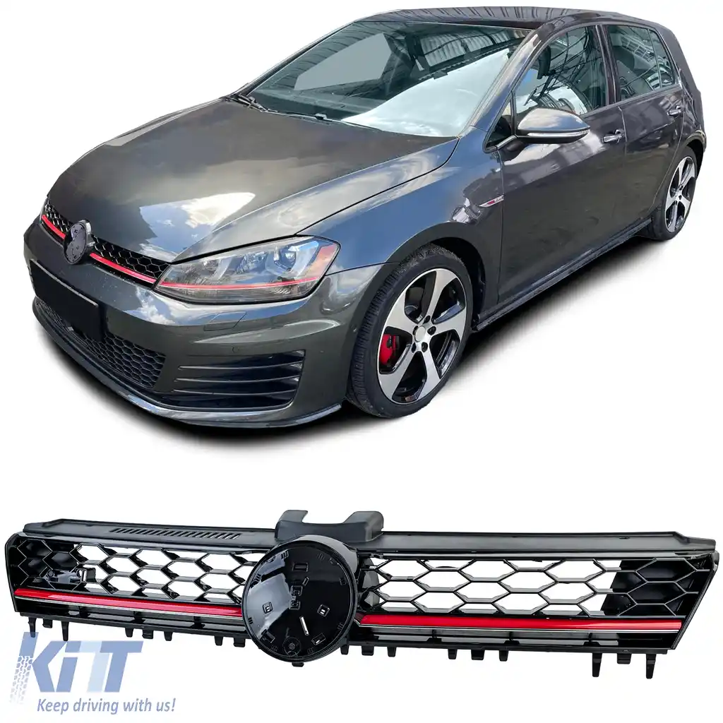 Grilaj radiator sport cu fagure negru lucios și detalii roșii, potrivit pentru VW Golf 7 12-17 GTI