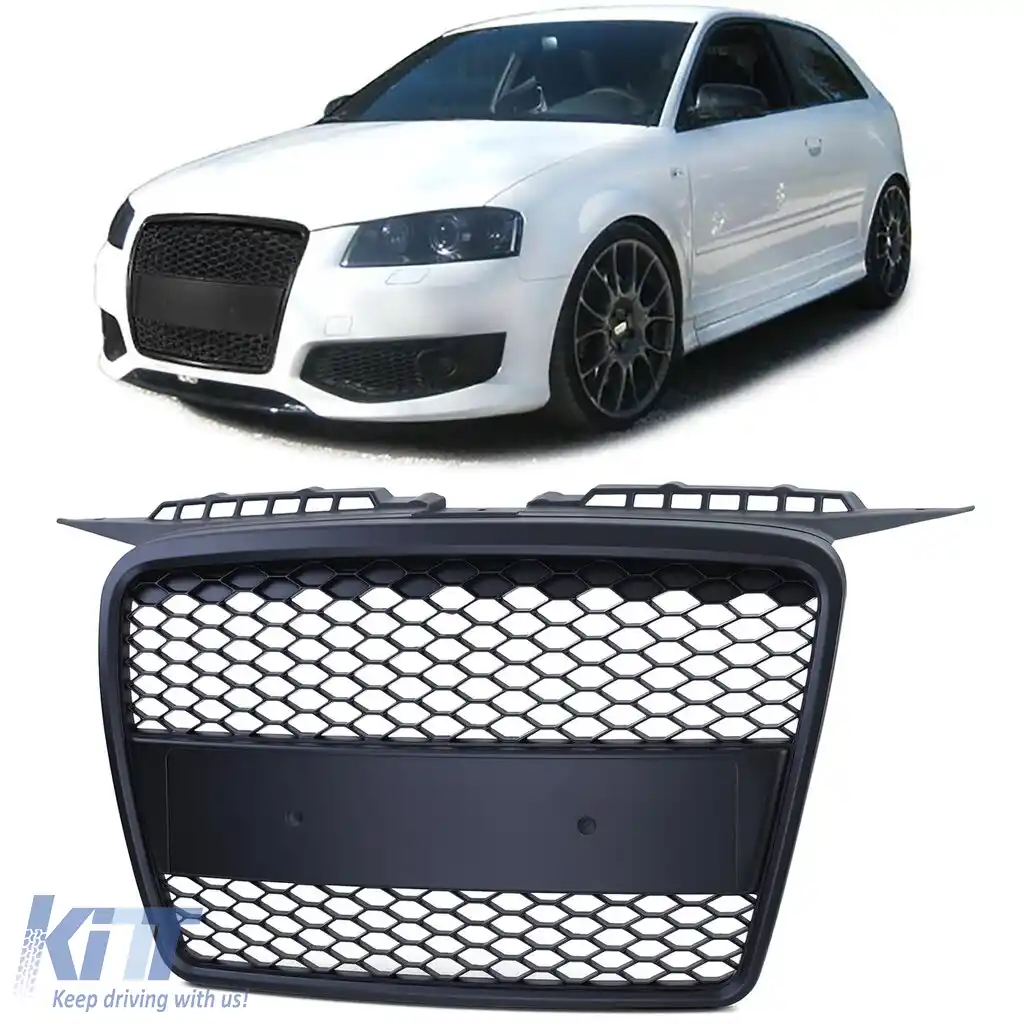 Grilaj radiator sport din fagure fără emblemă negru mat, potrivit pentru Audi A3 8P 05-08